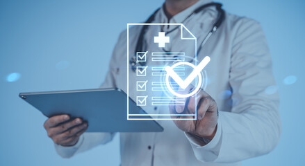 Doctor using tablet with digital medical checklist and checkmark icon on blue background for...