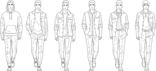 Fashion illustration of male models walking in various stylish outfits detailed line art reference for modern menswear design and clothing projects