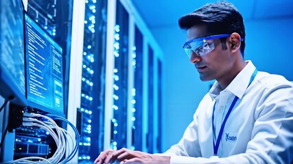 A tech professional in a server room, working with code on a monitor, in blue ambient light - Powered by Adobe