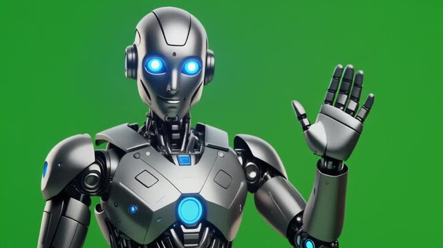 Futuristic AI robot waving hands on reen Screen Background