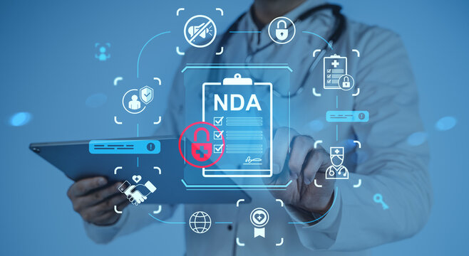 Doctor using digital tablet with NDA confidentiality agreement and healthcare data protection icons on futuristic blue background concept. - Powered by Adobe