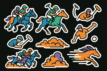 Vibrant polo stickers featuring dynamic horse riding scenes
