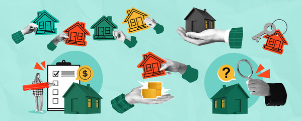 Creative housing market concept collage with colorful houses, ha