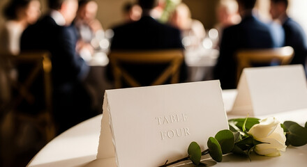 Table setting with reserved sign and rose at elegant dinner event  