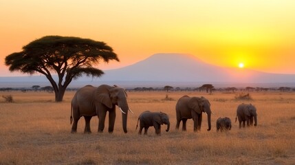 Fototapeta premium Elephant Family Stroll at Sunset Kilimanjaro Backdrop African Savannah.