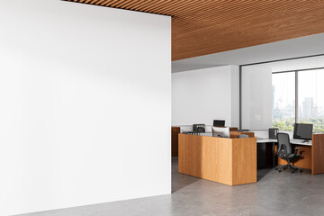 Empty white wall mockup in modern office interior with wooden ceiling and desks, perfect for poster or product presentation layout template backdrop. 3D Rendering