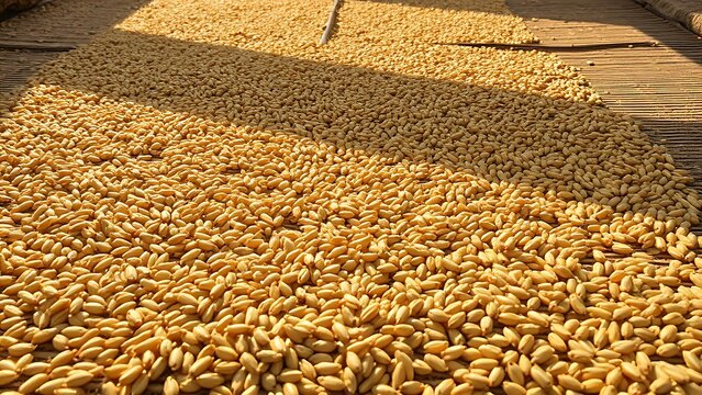 foolishness. Barley grains drying on a mat under soft, natural sunlight. menu design, packaging mockups, designed for culinary blogs and recipe cards for restaurants, used by account managers.