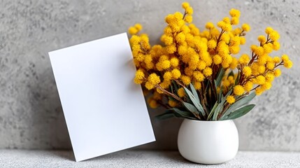 Vibrant yellow flowers in a white vase beside a blank card on a textured gray surface, creating a serene and inviting atmosphere for design and decoration purposes