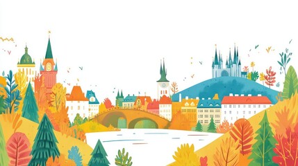Autumn Prague cityscape illustration, autumnal colors, charming buildings, river, bridge, use in children's book, educational materials