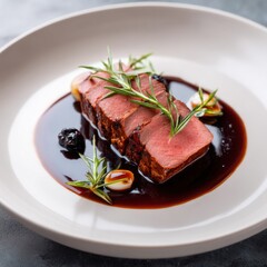 Gourmet dish with sliced meat and rosemary