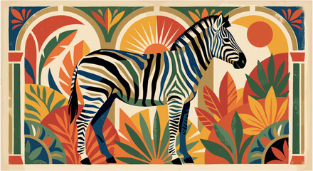 Zebra in Tropical Foliage. Art Deco and Geometric Wildlife Illustration. © Dmytro Chub