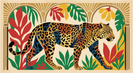 Geometric Leopard in Jungle Foliage. Art Deco Matisse Cut-Out Wildlife.