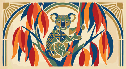 Geometric Koala in Eucalyptus Tree. Art Deco Australian Wildlife Illustration. © Dmytro Chub