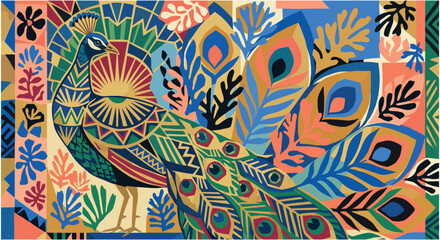 Decorative Peacock Geometric Pattern. Art Deco and Matisse Style Abstract Bird.