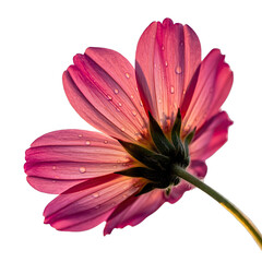 Close Up Of A Pink Cosmos Flower With Dew Drops Illuminated By Backlight And Isolated On A Black Background