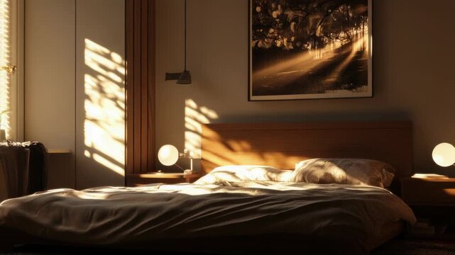 Video A cozy bedroom scene featuring a bed and a framed on the wall