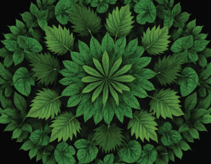 Intricate Green Leaf Mandala Pattern on Black Background.