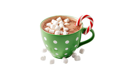 Green mug filled with hot chocolate, marshmallows, and candy canes illustration, festive Christmas winter drink artwork, logo, vector design, png file, isolated on white.