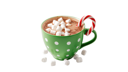 Green mug filled with hot chocolate, marshmallows, and candy canes illustration, festive Christmas winter drink artwork, logo, vector design, png file, isolated on white.