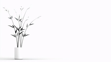 A minimalist arrangement of thin black bamboo stalks with sparse leaves in a white cylindrical vase, set against a stark white backdrop.