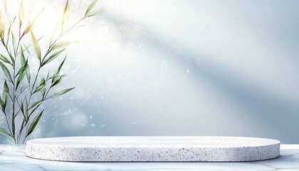 A clean, white stone podium sits on a marble surface, with delicate green leaves and soft light creating a serene backdrop.