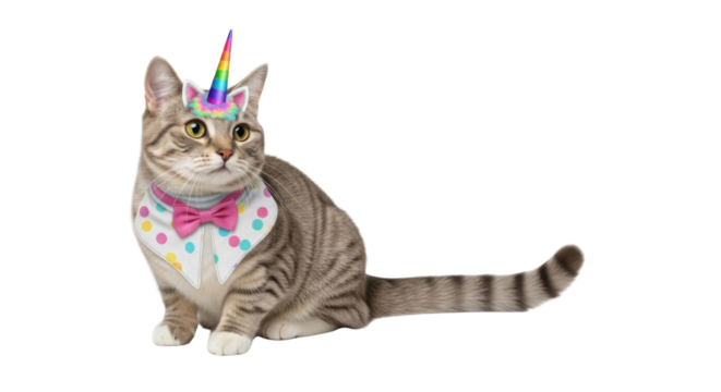 Cute tabby cat wearing a unicorn horn and bow tie isolated PNG with Transparent Background