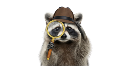 Raccoon wearing a hat holding magnifying glass isolated PNG with Transparent Background