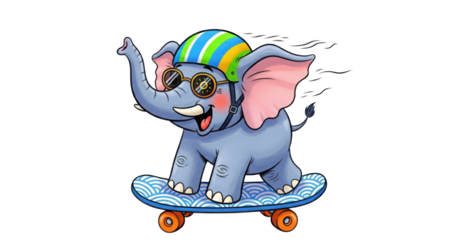 Happy elephant wearing helmet and sunglasses on skateboard isolated PNG with Transparent Background