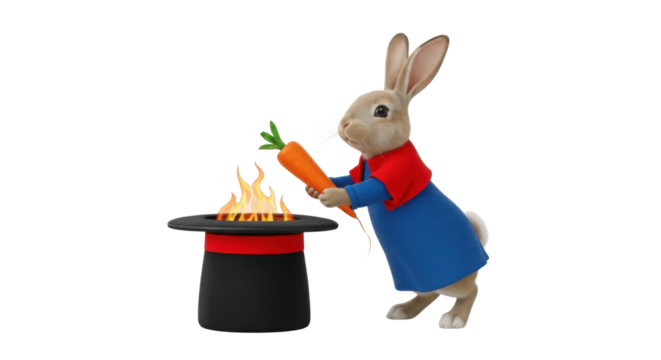 Rabbit putting carrot in fire above magic hat isolated PNG with Transparent Background