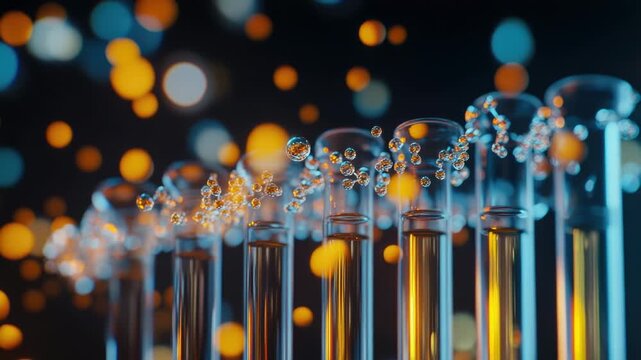 Video Row of test tubes filled with chemical reactions and bubbles