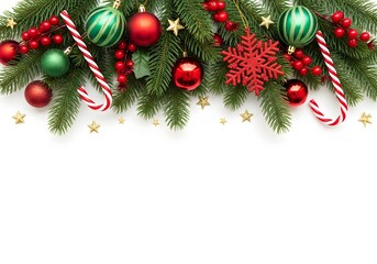Festive Christmas border with pine branches, red berries, candy canes, ornaments, and snowflake on a white background

