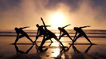 Silhouettes practicing yoga on beach, serene sunset casting long shadows, peaceful group meditation in coastal environment, World Yoga Day inspiration