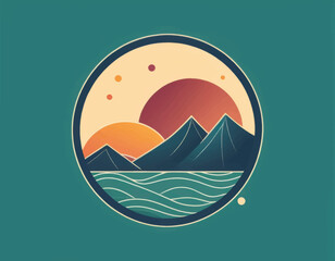 Stylized Circular Landscape with Mountains Sun and Water.
