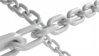 Shiny, interlocking metal chain links on white background