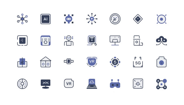 Modern technology icons arranged in a grid format. Each icon is stylized in blue and black with minimalistic design and labeled with a concept such as AI, blockchain, quantum computing, robotics.