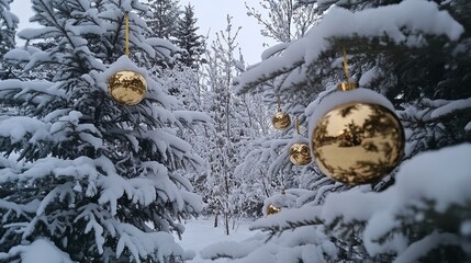 Snow-covered trees with golden Christmas ornaments, serene winter vibe .