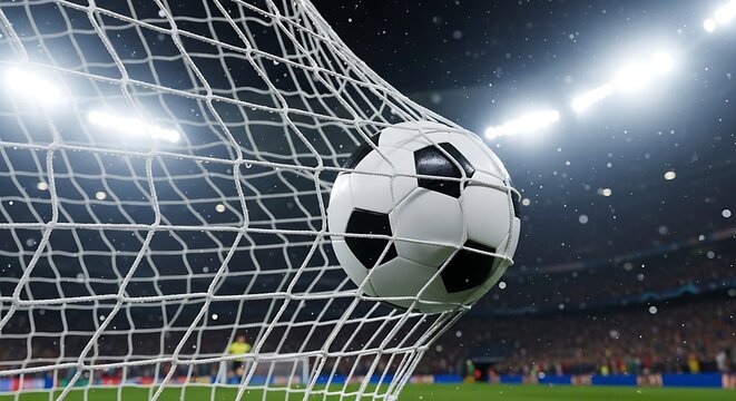 Goal! A powerful sports moment frozen in time, with the net rippling from the force of the ball under bright stadium illumination
