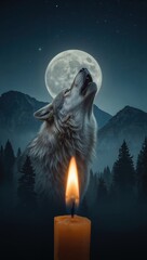 Fototapeta premium Howling wolf under full moon with burning candle in dark night forest and mountain landscape