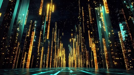 Futuristic Cityscape with Glowing Structures and Neon Lights