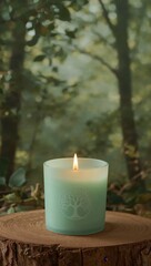 Tranquil green candle with tree of life symbol burning on wooden stump in peaceful forest nature background