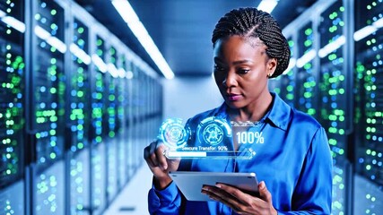 Woman in data center checks tablet. Holographic data overlay appears. Servers line background - Powered by Adobe