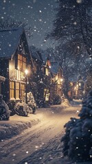 snowy village street with warm windows, night scene, cinematic mood .
