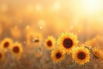 Fototapeta premium Sunlit Field Of Sunflowers With Warm Golden Tones And Blurred Background Sunlight And Bokeh