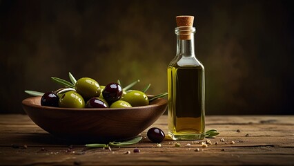 A luxuriously aged bottle of premium olive oil, nestled among plump green olives