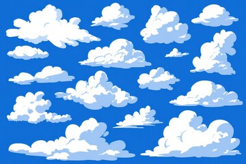 Pixelated White Clouds Against Blue Sky Displaying Varying Shapes and Sizes