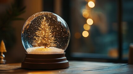 Christmas snow globe with a glowing tree inside, snow gently falling .