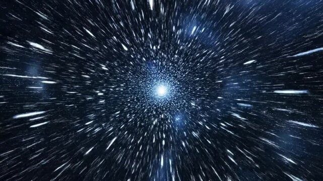 Abstract hyperspace travel through a starfield. Light speed journey in deep space with a bright central point, warp effect.