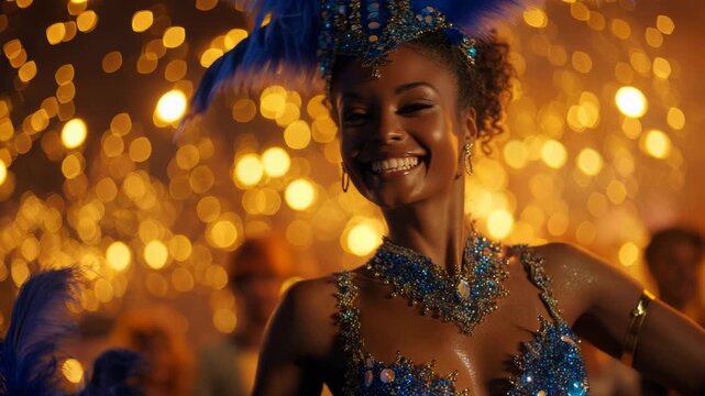 Smiling woman in blue sequin costume dancing at carnival celebration