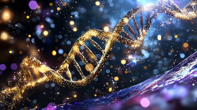 Golden DNA Helix Against Sparkling Background of Stars and Lights