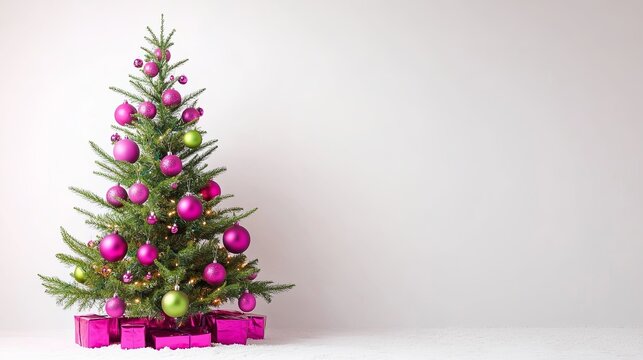 A joyful neon pink and green Christmas tree with funky baubles and lights, simple white backdrop .